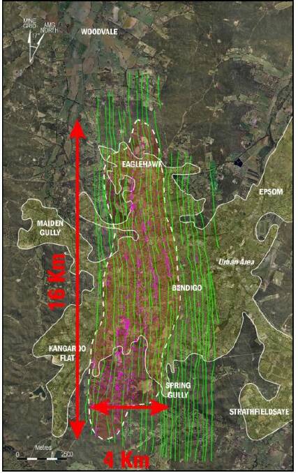 A GBM Gold map outlining a 4km by 16km gold mining zone underneath Bendigo. The green lines represent key rock features that could bear undiscovered gold. Source: GBM GOLD and the AUSTRALIAN STOCK EXCHANGE