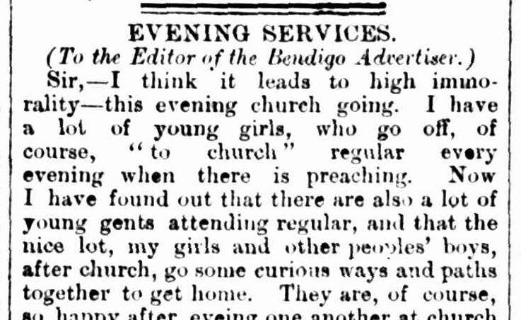 The start of one of three letters P Austin wrote to the Bendigo Advertiser in June 1871 outlining an argument to scrap evening church services. Image: Courtesy of TROVE