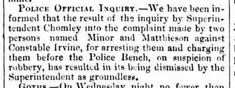 Police dismiss a complaint about a police officer after allegations of brutality in 1866, as described in the Bendigo Advertiser. Image courtesy of: TROVE