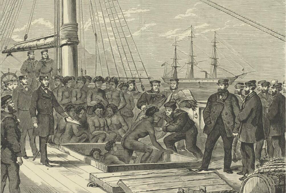 HUMAN TRAFFICKING: An image from 1873 depicting the seizure of slaving ship the Daphne, by HMS Rosario. The capture was a key event drawing public attention to the slave trade. Images: Courtesy of TROVE, LIBRARIES AUSTRALIA