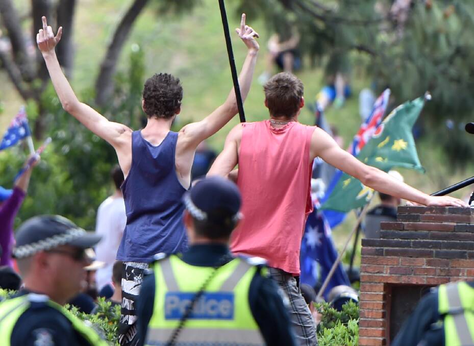 ANGER BOILS OVER: Protesters and counter protesters trade messages during a far right rally in Bendigo in October, 2015. Picture: GLENN DANIELS