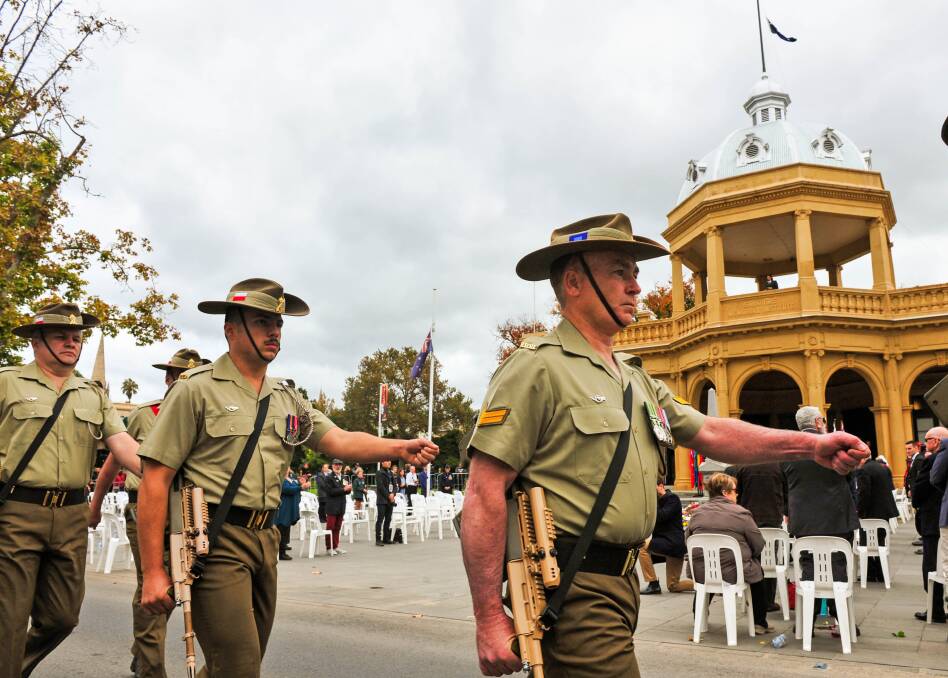 Defence force members take part in proceedings during an Anzac Day service in Bendigo earlier this year. Picture: BRENDAN McCARTHY