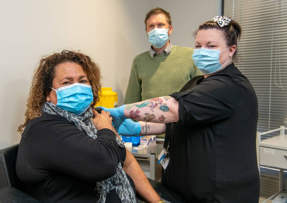Raylene Harradine and Dallas Widdicombe in BDAC's vaccine clinic. Picture: BILL CONROY