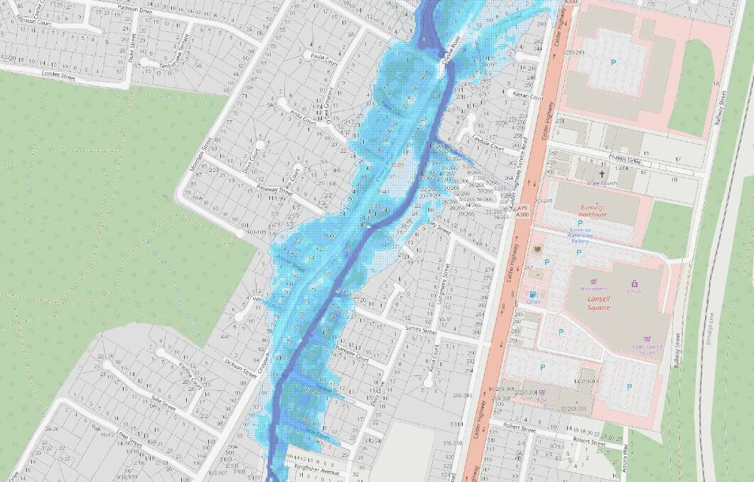 How Crusoe Road might be affected by a one in 100 year flood. Source: Floodeye map by North Central Catchment Management Authority