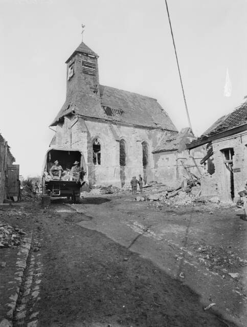 The church at Montbrehain after the Australians took the village. Picture courtesy of the Australian War Memorial