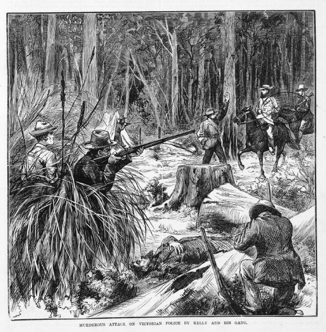 Engraver Samuel Calvert's depiction of the Kelly gang's attack on police at Stringybark Creek. Picture: Courtesy of THE STATE LIBRARY OF VICTORIA