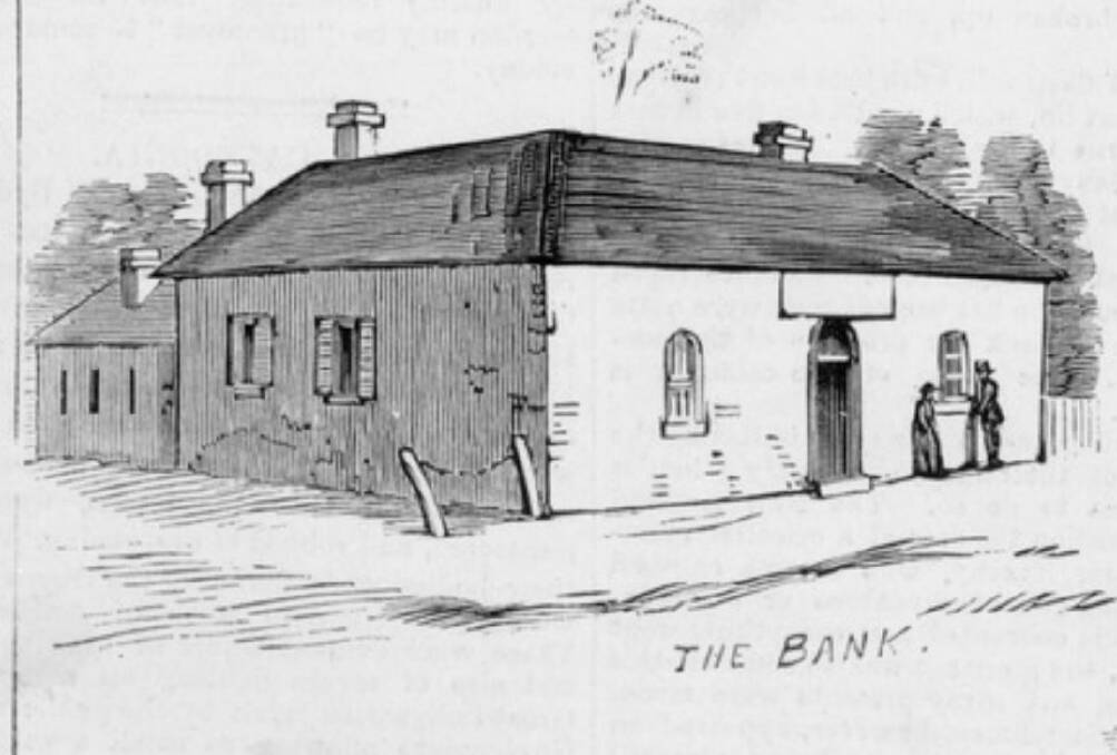 The Kelly gang targeted this bank in Eurora, and the living quarters behind it, according to an 1878 engraving. Picture: Courtesy of THE STATE LIBRARY OF VICTORIA