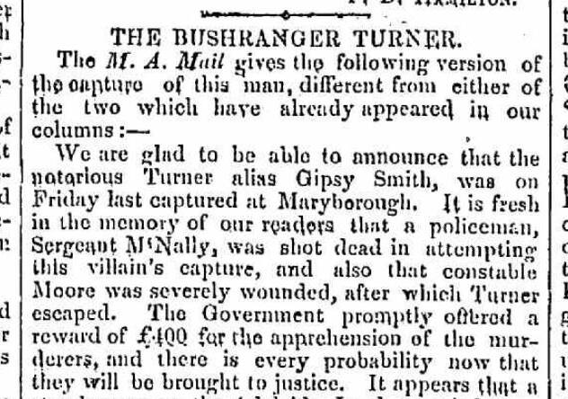 NEWS FILTERS IN: A Mount Alexander Mail story that the Bendigo Advertiser reprinted after Gipsy Smith, AKA William Turner, was arrested. Image: Courtesy of TROVE