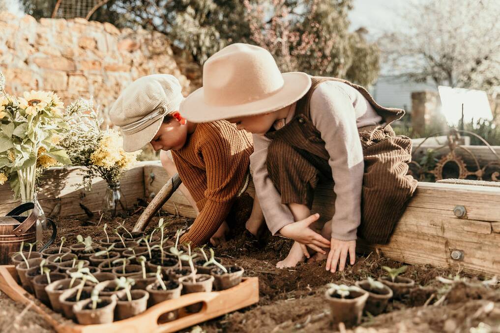 GREEN THUMBS: Business owner Lee McDonald's children planting seeds in the garden. Picture: SOPHIE O'KEEFE