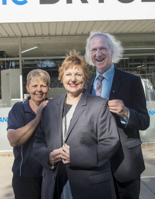 Bendigo Community Health CEO Kim Sykes with Jane Townsend from Pristine Dry Cleaning and councillor Rod Fyffe. Picture: DARREN HOWE