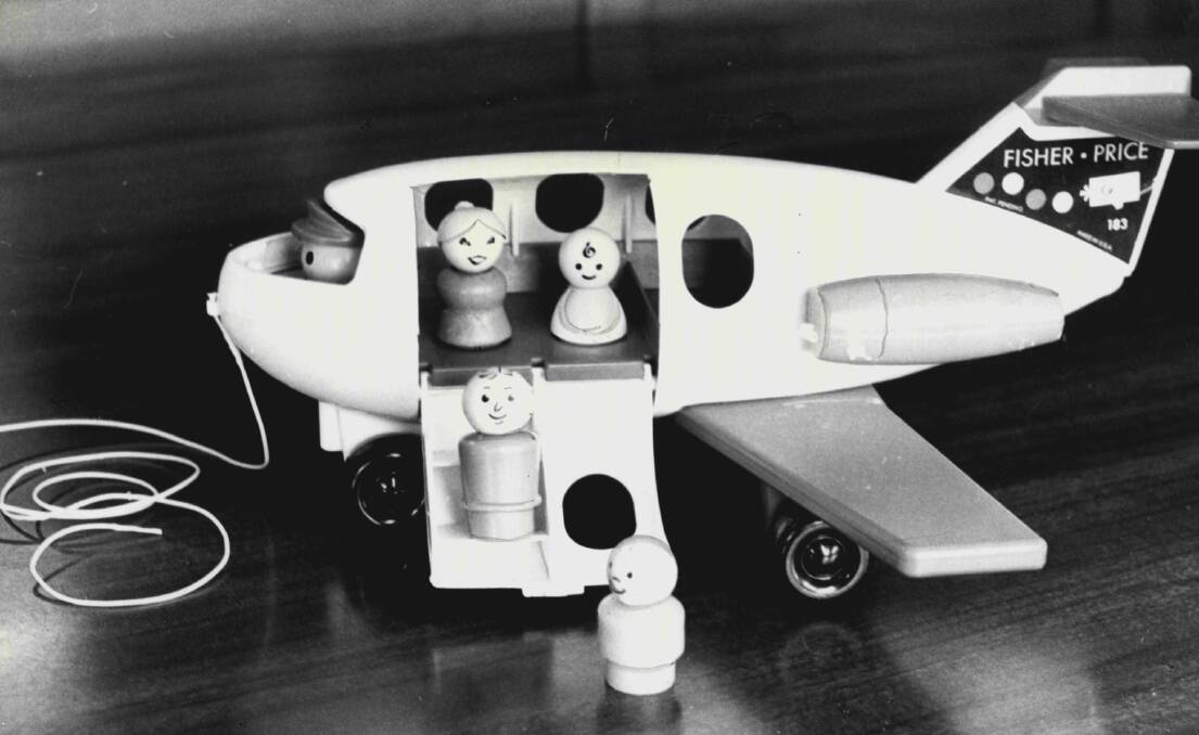 OLD SCHOOL: This photo of a Fisher Price funjet (and passengers) found in the Fairfax Media archives. It was being sold by a Sydney retailer for $13.20 in 1977.