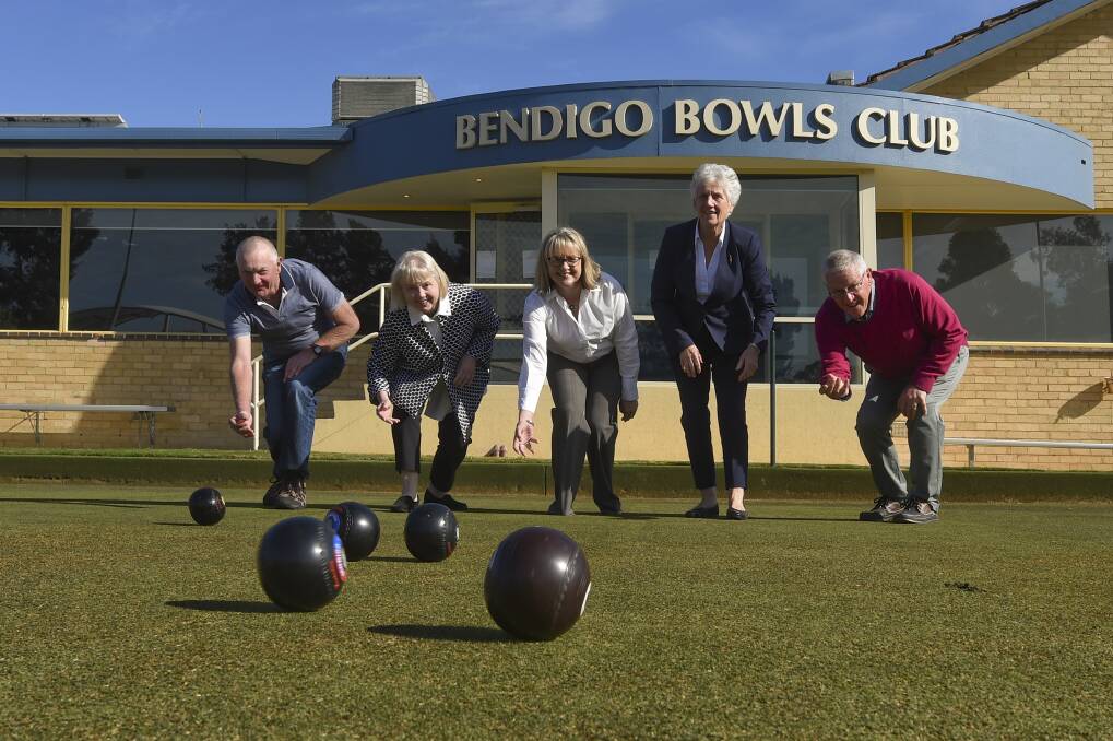 Michael Foord, Peggy O'Neil, Jacinta Allan, Dame Louise Martin and Geoff Briggs at the announcement that Bendigo Bowls Club would host a 2026 Commonwealth Games event. Picture by Noni Hyett.
