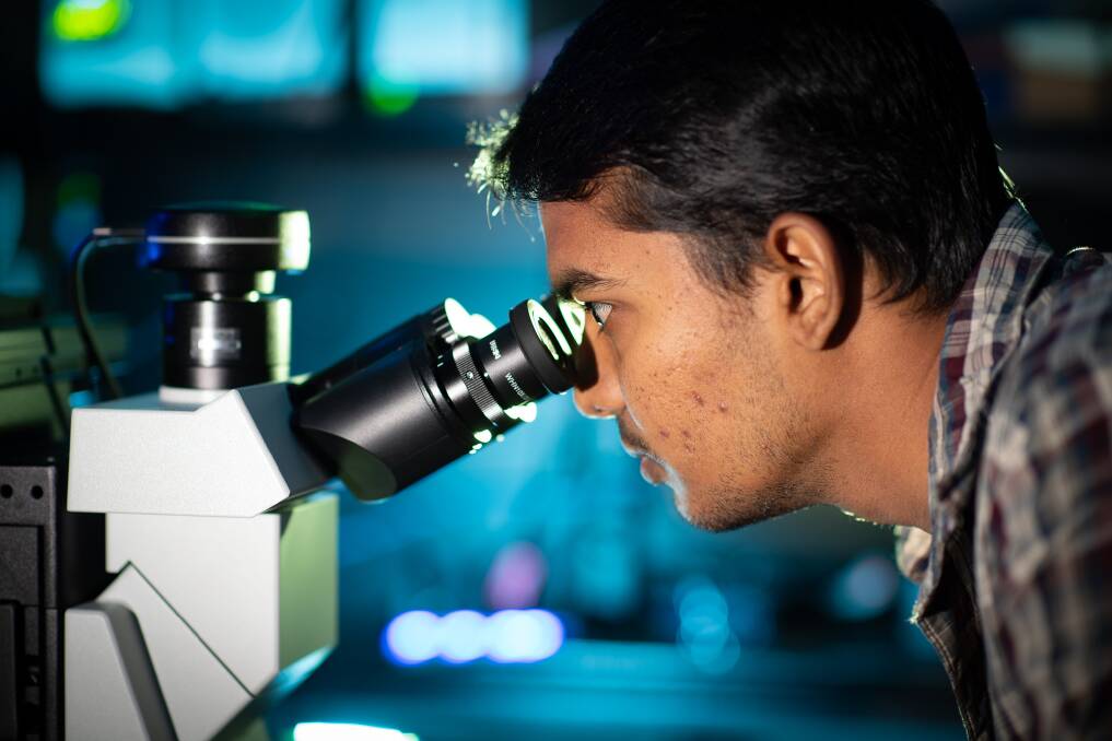 HIDDEN WORLDS: PhD candidate Santosh Rama Bhadra Rao peers into a microscope at La Trobe University's Bendigo campus. Picture: MICHAEL ANGOVE