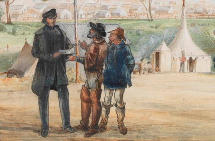Part of an 1853 artwork by Ludwig Becker of Bendigo's gold receiving office grounds, with figures identified as "Panton", "Wilkinson" and "Barnard". Picture: COURTESY OF THE MITCHELL LIBRARY, STATE LIBRARY OF NEW SOUTH WALES