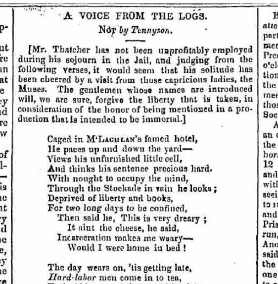 CRIME RHYME: The first stanza in an eight verse poem by Charles Thatcher, published in the Bendigo Advertiser on November 13, 1856. Image: Courtesy of TROVE