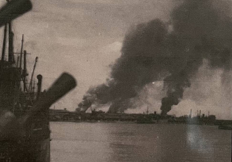 A picture in a sailor's diary showing the view of Sinapore as HMAS Hobart departed. Within weeks, the Japanese army had taken the island city. Picture: SUPPLIED