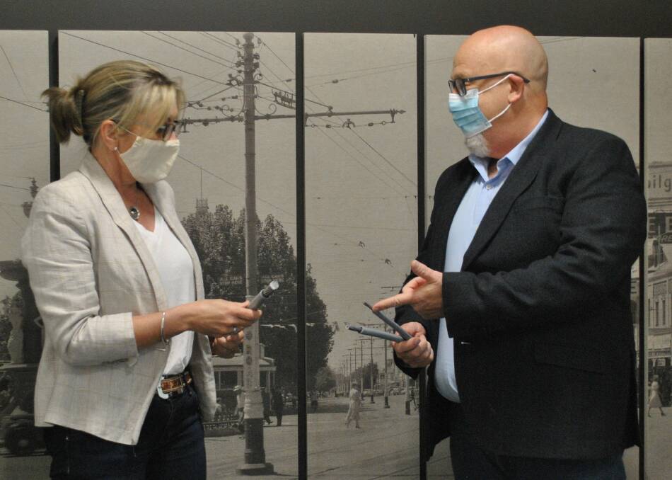 Member for Bendigo East Jacinta learns more about Groundline's 'covered conductors' after being invited to the company's Bendigo premises and talking with director Ian Flatley. Picture: SUPPLIED