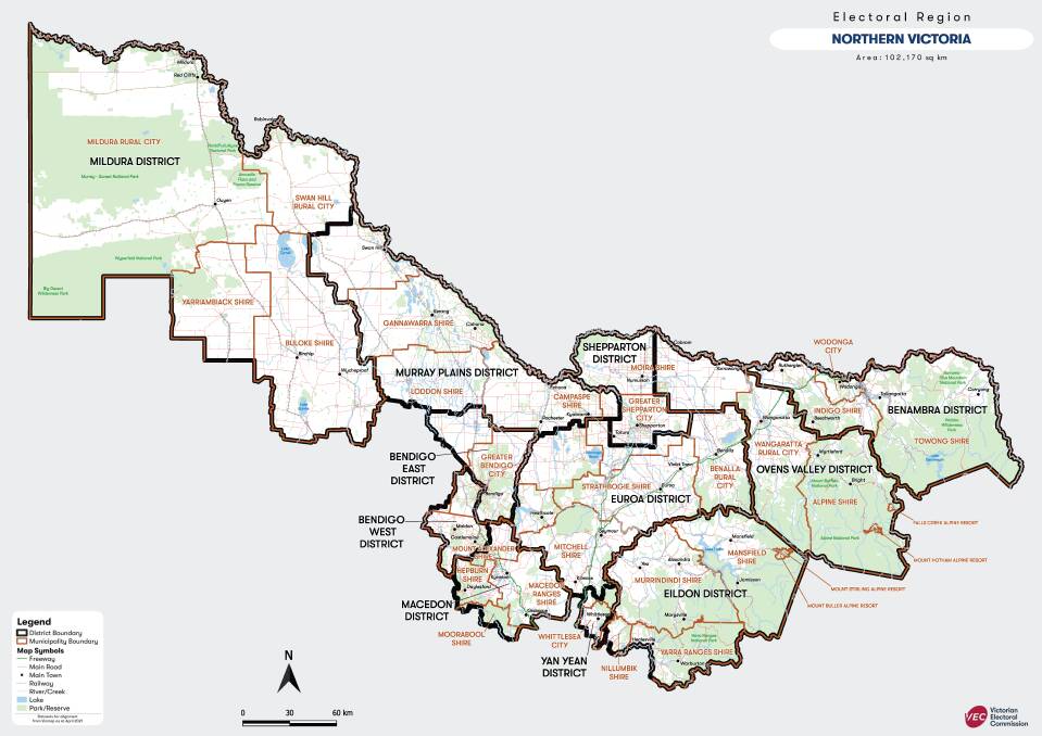 The Northern Victorian region, complete with the lower house seats that cover the same area. Picture is supplied.