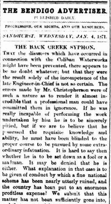 A Bendigo Advertiser editorial blasting one of the men it believed responsible for the Back Creek syphon's failure. Image: COURTESY OF TROVE