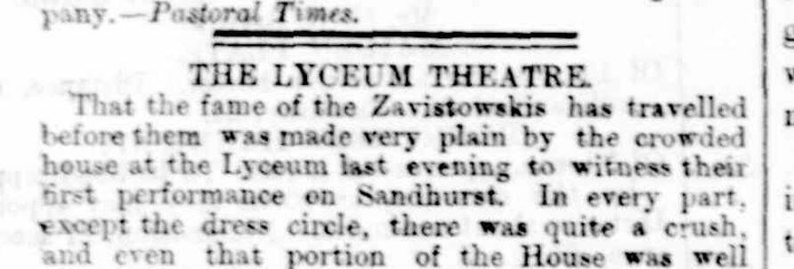 The opening lines from a Bendigo Advertiser story from 14 November when the Zavistowskis performed their first show. Four days later, Christine Zavistowski would beat up Charles Murphy. Image: Courtesy of TROVE