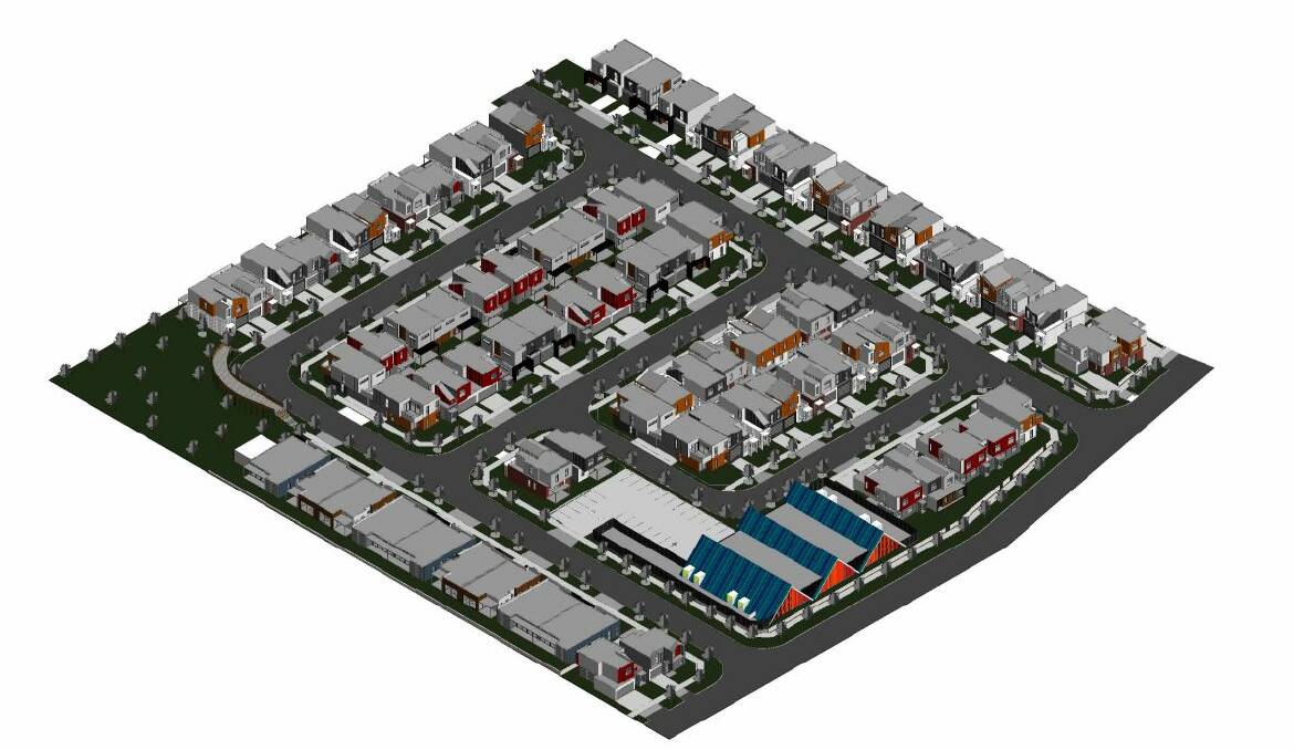 A computer generated model of the development shows the mix of houses and the childcare centre, with its distinctive triangle shaped roof structure. Picture is supplied.