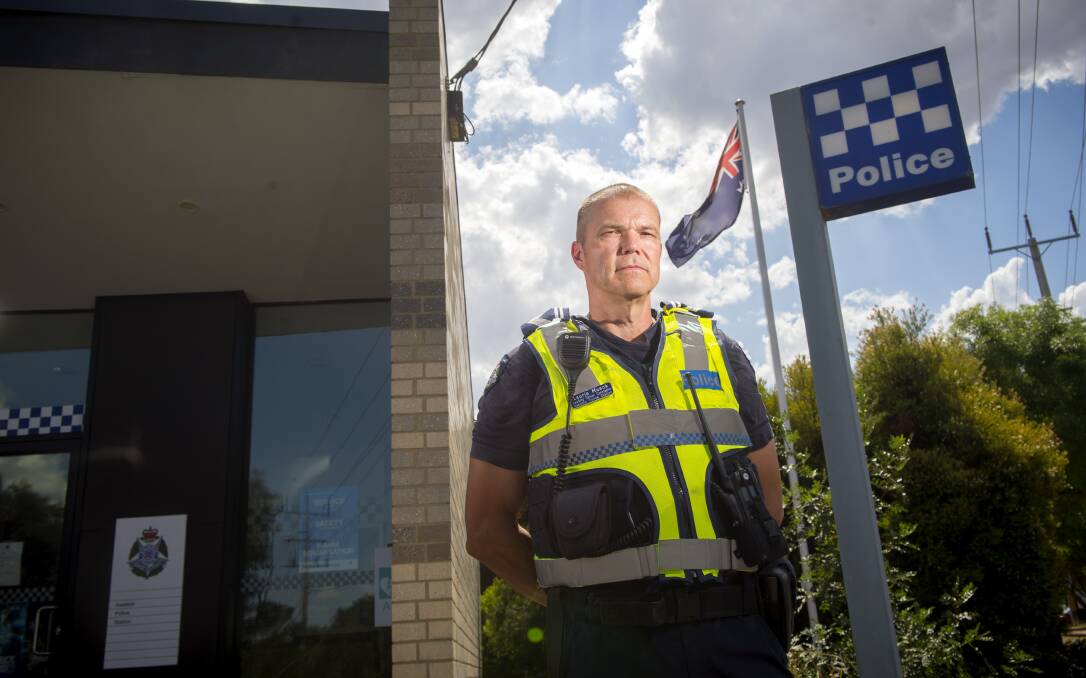 Leading Senior Constable Laurie Mueck works the single officer police station at Axedale. Picture: DARREN HOWE