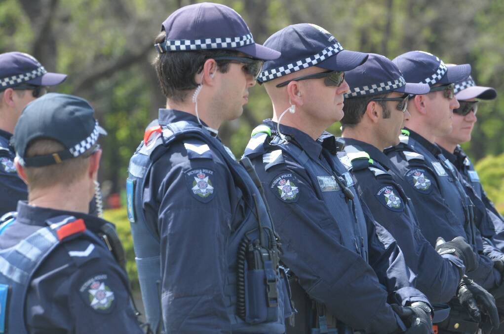 Police at an anti-Mosque rally in Bendigo in 2015. Picture: DARREN HOWE