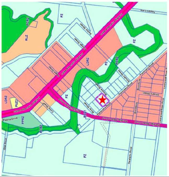 A City of Greater Bendigo map showing the site. Blue denotes land zoned for farming, light pink areas zoned for low density rural living, dark pink for toads and blue for areas set aside for things like creeks. Picture: SUPPLIED