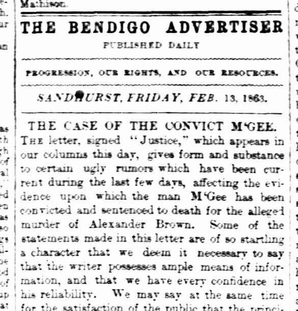 Comments from the editor of the Bendigo Advertiser on Thomas McGee's conviction and looming execution. Picture courtesy of Trove.