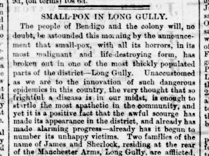 SMALL POX: A Bendigo Advertiser story from July 6, 1872 breaks the news that a deadly disease has been found in Bendigo. Picture: COURTESY OF TROVE