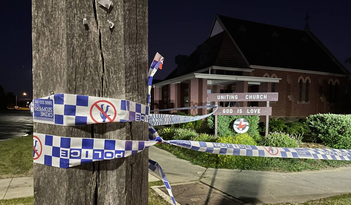 Police tape at a church in Kangaroo Flat. Picture: TOM O'CALLAGHAN