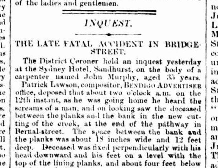 A Bendigo Advertiser story from 1871 about the death at the Bridge Street construction site. Image: TROVE