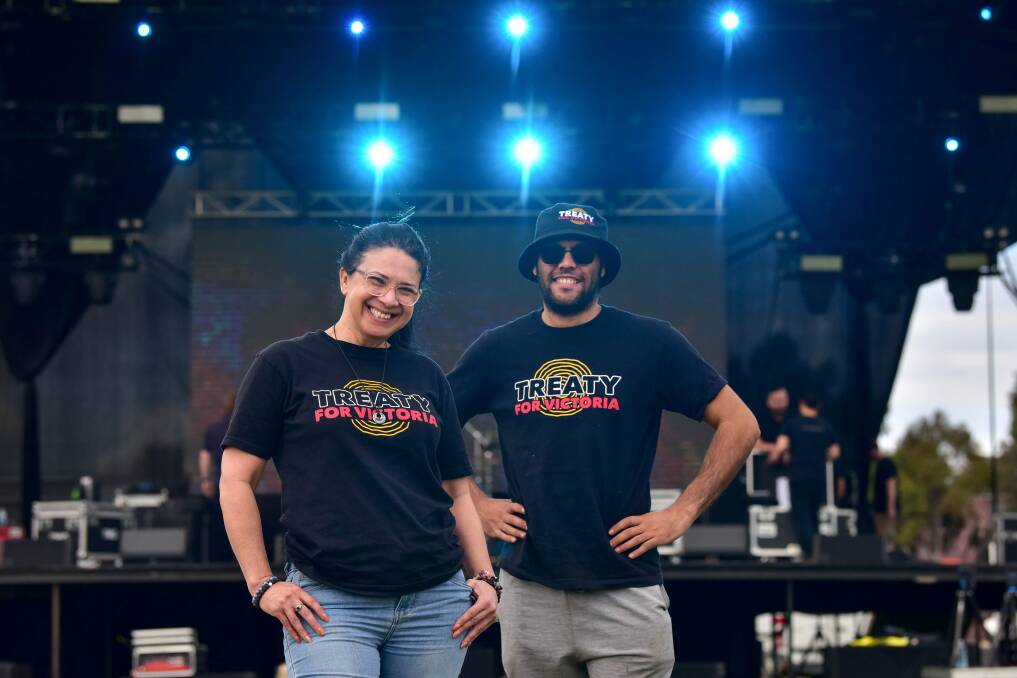 First Peoples' Assembly organisers Narida Miller and Djaran Murray-Jackson at the Bendigo Showgrounds on Friday. Picture by Brendan McCarthy.