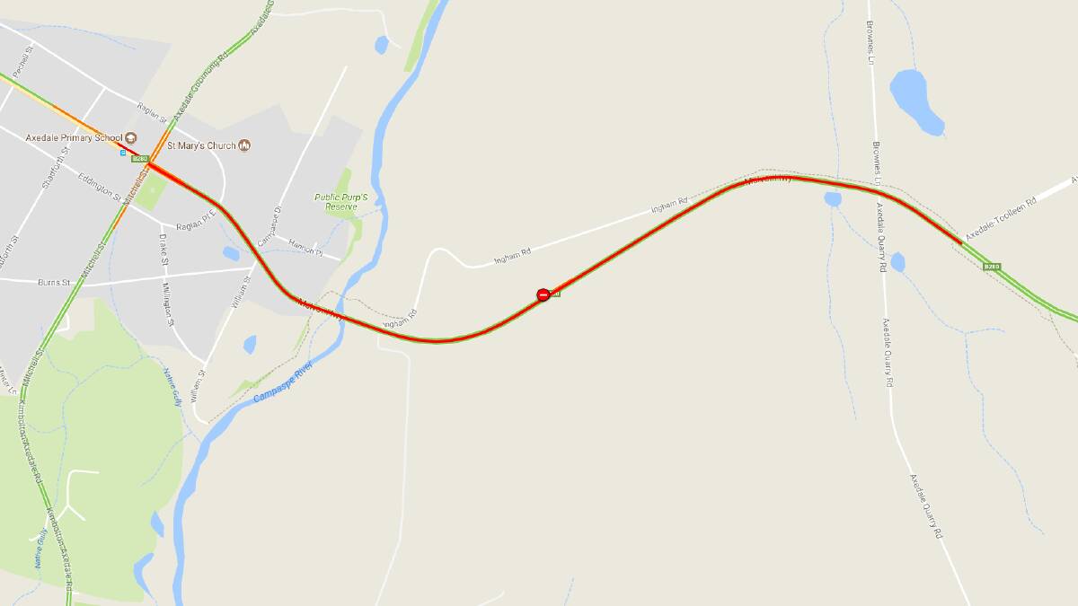 McIvor Highway has been closed between Axedale-Toolleen Road and Axedale-Goornong Road. On this map, the red line indicates a closure. Image courtesy of VicRoads.