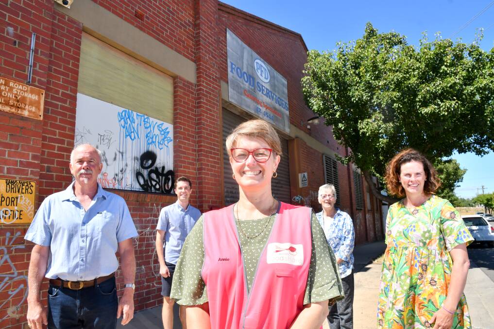 Bendigo Foodshare's Greg Noonan, Sam Kane, Annie Constable, Di Burns and Bridget Bentley at the new food hub site after an announcement in January. Picture: NONI HYETT