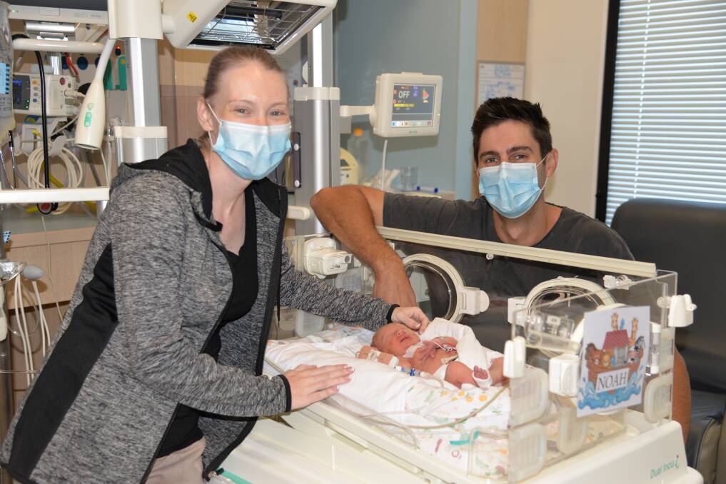 Justin and Kayla Hamence with baby Noah at the Bendigo Hospital's Neonatal Intensive Care Unit on Boxing Day. Picture: SUPPLIED