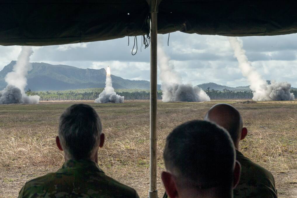 ADF leaders watch as the United States army and marine corps fire HIMARS rockets. Picture supplied by Defence/Tristan Kennedy