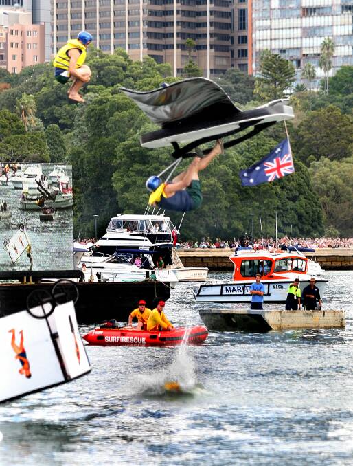 Kanwals giant thong entry piloted by Mitch Cox takes to the sky in the Red Bull Flugtag competition on Sydney Harbour in 2008. Picture: PHIL HEARNE