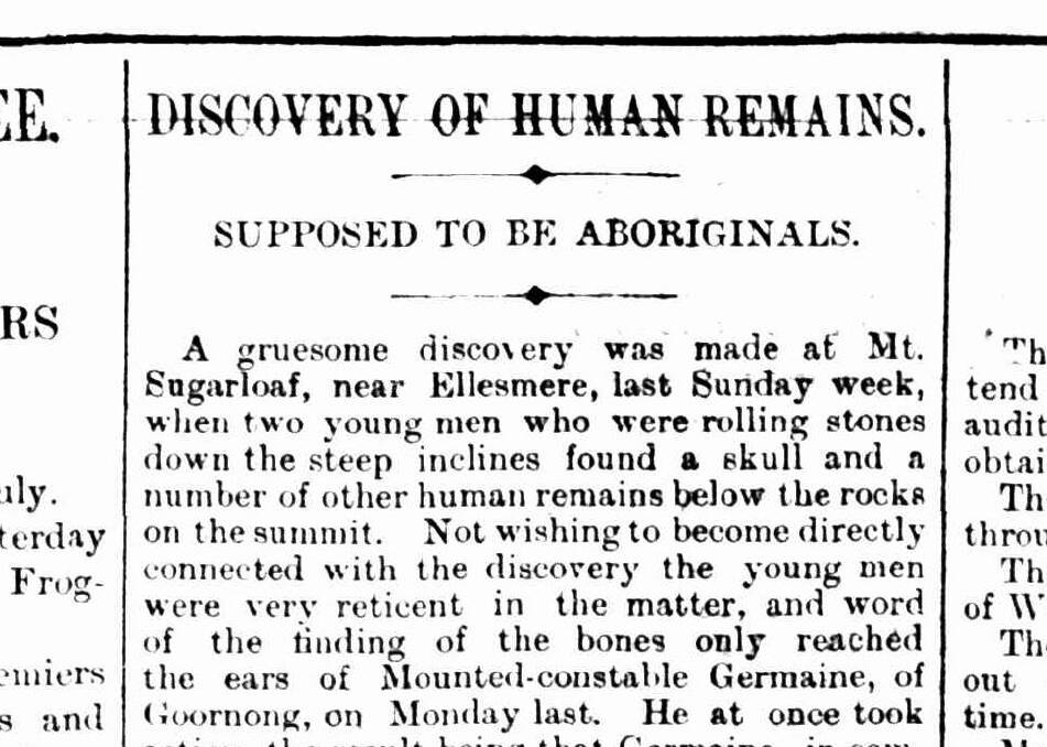 A Bendigo Advertiser article from July 10, 1897, breaking the news of human remains discovered east of Bendigo. Picture courtesy of Trove