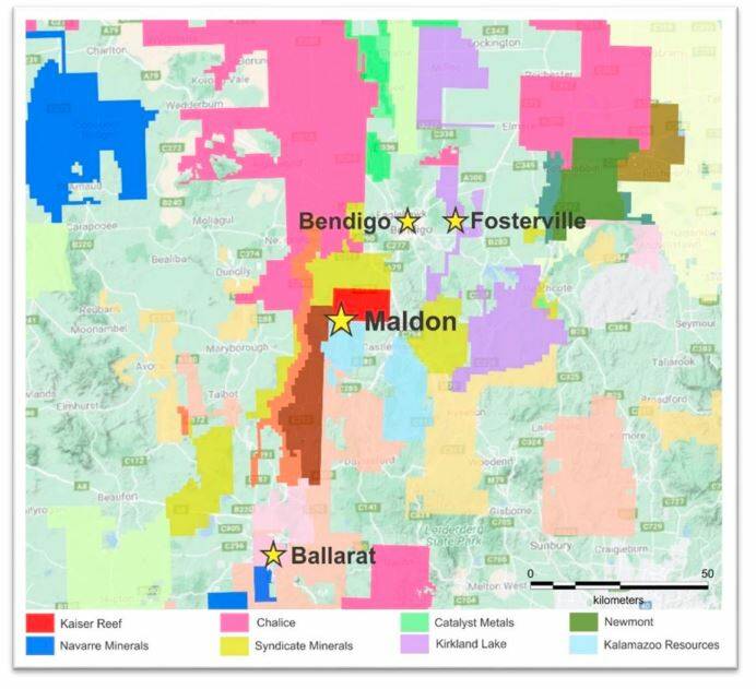 The Kaiser Reef exploration area (in red), along with historic mining towns Ballarat and Bendigo, as well as Fosterville's hugely successful current mine owned by Kirkland Lake Gold. Picture: SUPPLIED