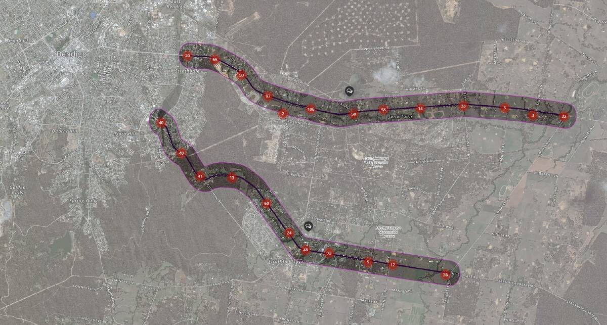 An online map created by Regional Roads Victoria during public consultation, where people could leave comments about specific sections or road. A total of 533 comments were left for the McIvor Highway and 411 were left for Strathfieldsaye Road. Source: Regional Roads Victoria