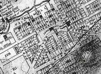 Smith stormed to the hotel on the corner of what was then Lyttleton Terrace and Bull Street and is now the GovHub construction site. Source: JOHN RUSSEL, 'MAP OF SANDHURST PROPER', 1860