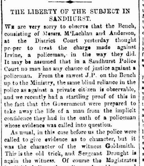 The Bendigo Advertiser's editor blasts magistrates and police in a scathing indictment of the city's justice system in 1860. Image courtesy of: TROVE