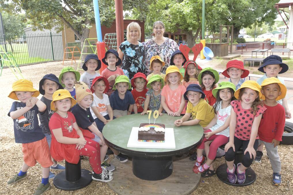 70 YEARS: Staff and students celebrate the preschool's 70th year of learning and play. Picture: NONI HYETT