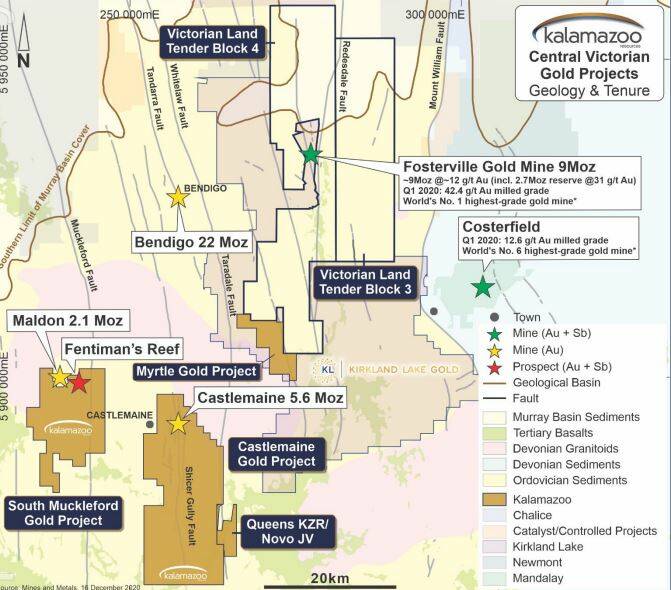 Map denotes land Kalamazoo wants to explore (the Mrytle Gold Project), as well as surrounding exploration and mining claims. Image: SUPPLIED
