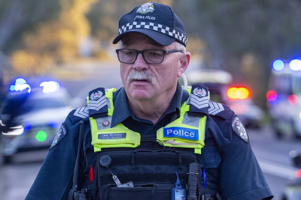 Senior Sergeant Ian Brooks says a person's badly burned body is yet to be identified following a Heathcote car crash overnight. Picture: DARREN HOWE
