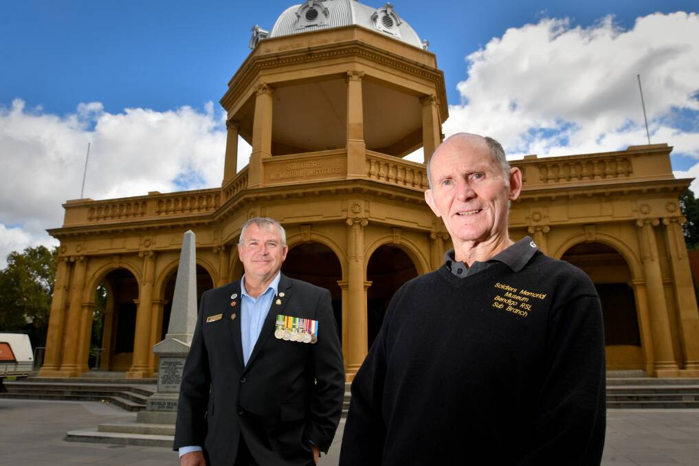 Historian Peter Ball with the Bendigo RSL's Peter Swandale outside the Soldiers Memorial Institute, which is turning 100. Picture: NONI HYETT
