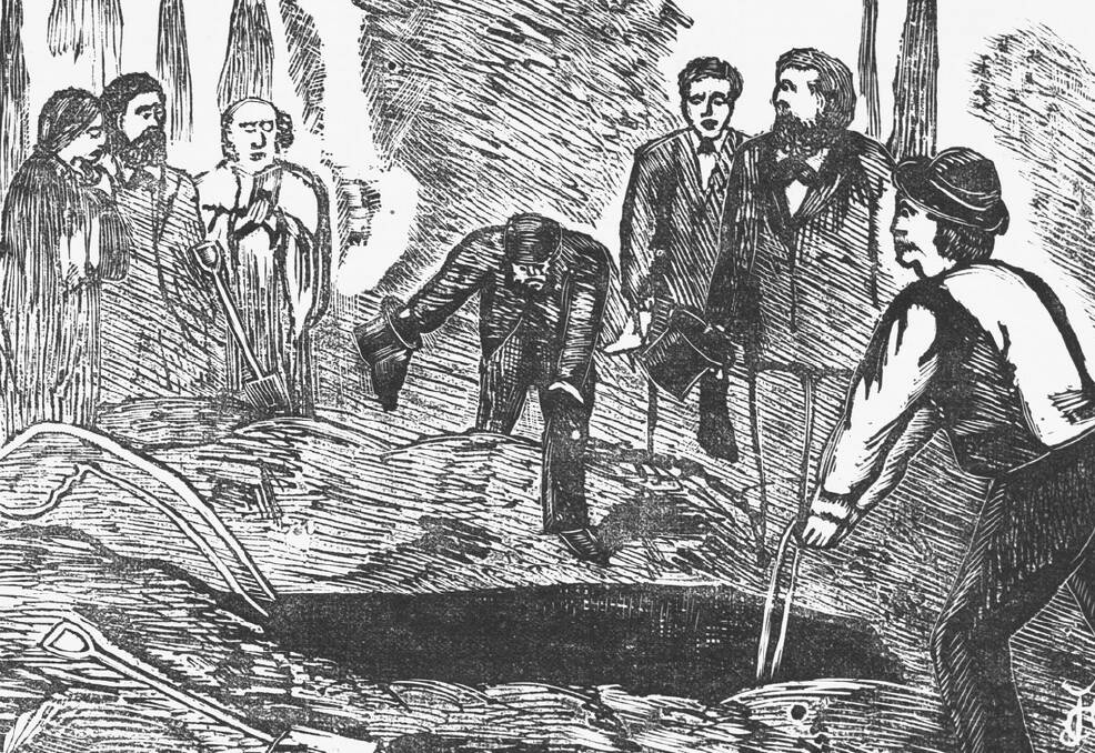 A 19th century depiction of a goldfields burial (not connected to Alick Brown). Picture comes courtesy of the State Library of Victoria.