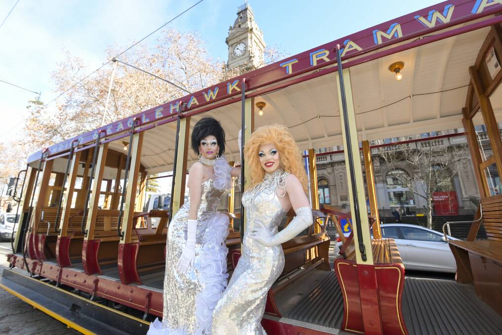 TRAM QUEENS: Pashion Couture and Miss Art Simone check out their performance space ahead of White Night. Picture: NONI HYETT