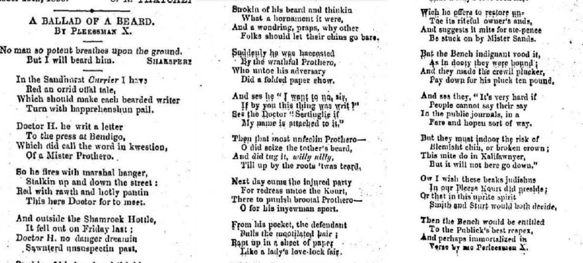 A poem called "A Ballad of a Beard" appeared in a number of newspapers including the Bendigo Advertiser in mid-October, 1856. Image: TROVE
